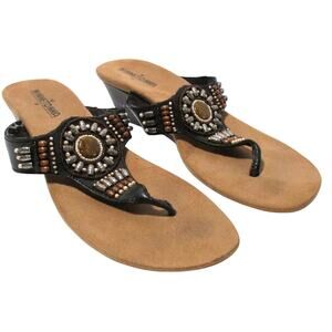 Minnie Tonka Women's Black Beaded Wedge Heel Leather Thong Sandals Size 9M READ